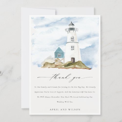 Chic Dusky Aqua Blue Lighthouse Mountain Wedding Thank You Card