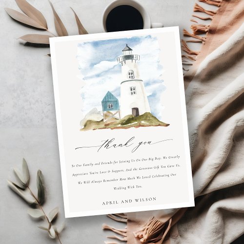 Chic Dusky Aqua Blue Lighthouse Mountain Wedding Thank You Card