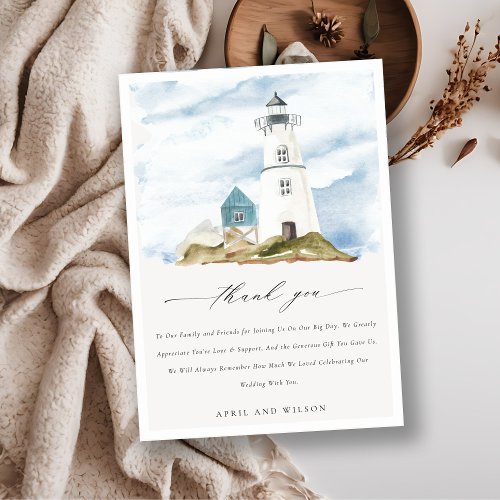 Chic Dusky Aqua Blue Lighthouse Mountain Wedding Thank You Card