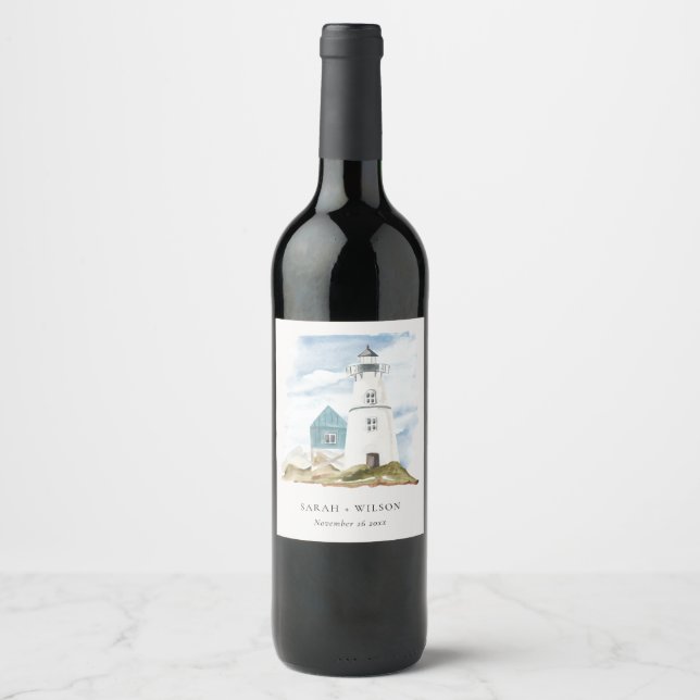 Chic Dusky Aqua Blue Lighthouse Mountain Wedding Wine Label (Front)