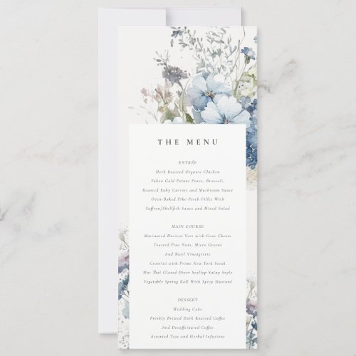 Chic Dusky Blue Cottage Floral Wedding Menu Card