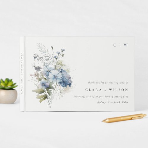 Chic Dusky Blue Cottage Watercolor Floral Wedding Guest Book