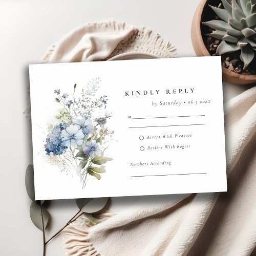 Chic Dusky Blue Cottage Watercolor Floral Wedding RSVP Card