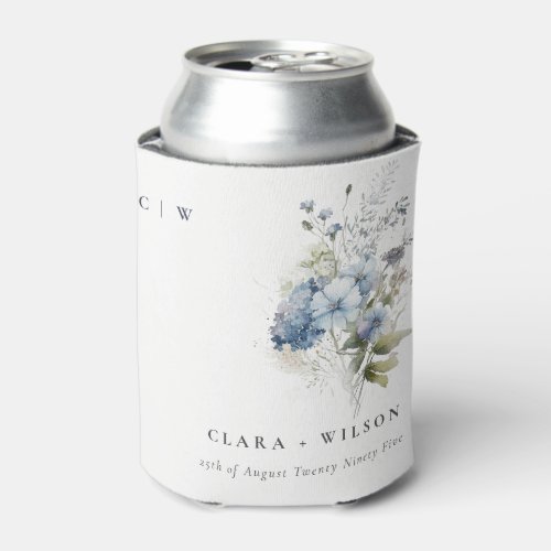 Chic Dusky Blue Watercolor Cottage Floral Wedding Can Cooler