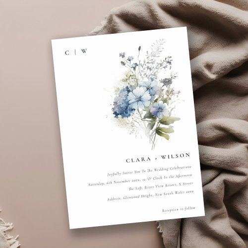 Chic Dusky Blue Watercolor Cottage Floral Wedding Invitation