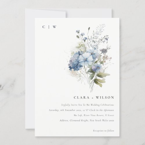 Chic Dusky Blue Watercolor Cottage Floral Wedding Invitation