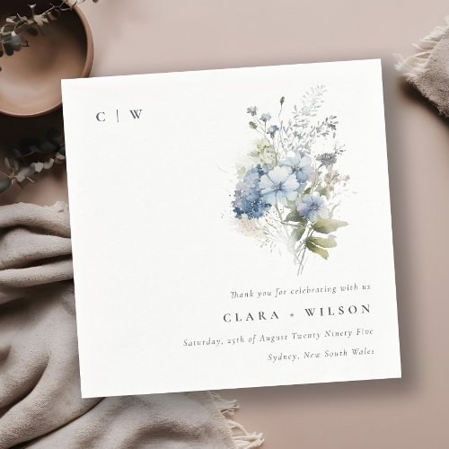 Chic Dusky Blue Watercolor Cottage Floral Wedding Napkins