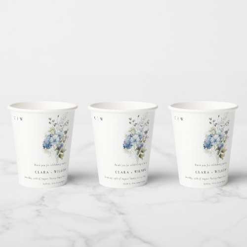 Chic Dusky Blue Watercolor Cottage Floral Wedding Paper Cups