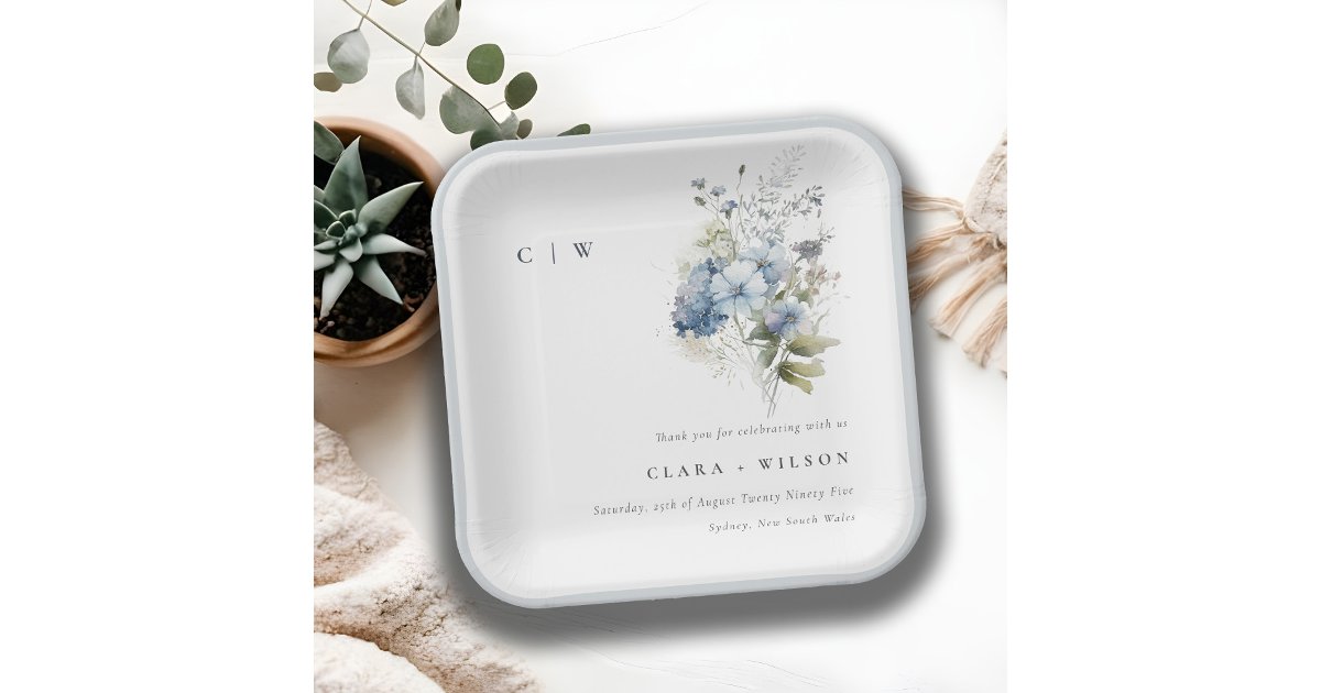 Chic Dusky Blue Watercolor Cottage Floral Wedding Paper Plates | Zazzle
