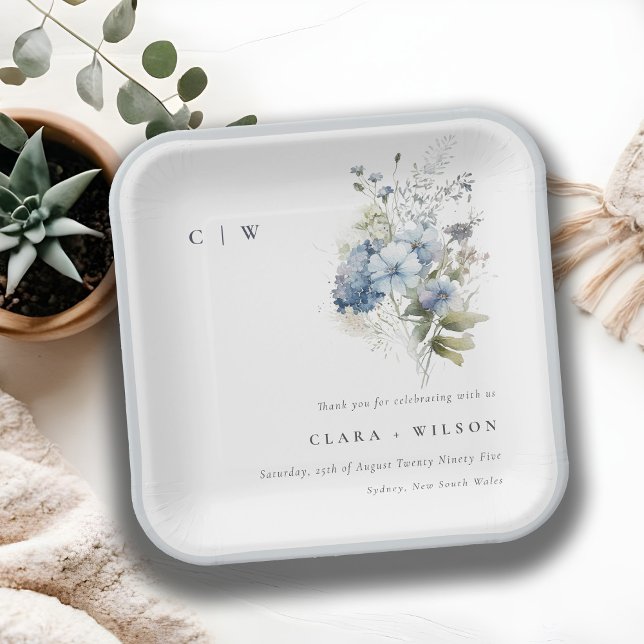 Chic Dusky Blue Watercolor Cottage Floral Wedding Paper Plates (Creator Uploaded)