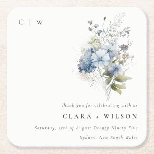 Chic Dusky Blue Watercolor Cottage Floral Wedding Square Paper Coaster