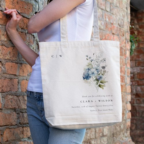 Chic Dusky Blue Watercolor Cottage Floral Wedding Tote Bag