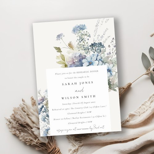 Chic Dusky Blue Watercolor Floral Rehearsal Dinner Invitation