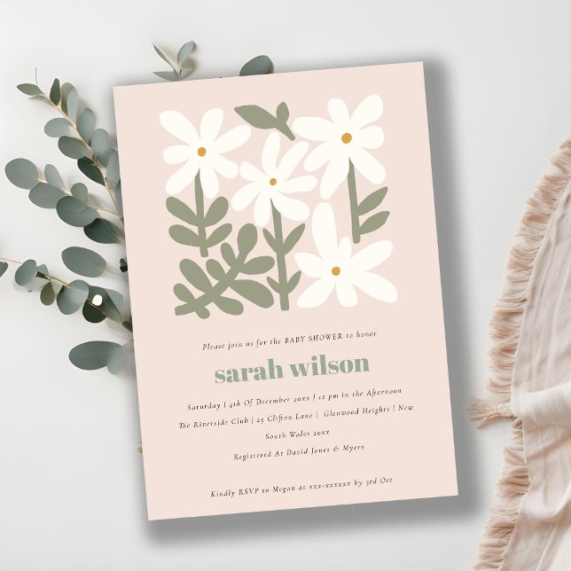 Chic Dusky Blush Retro Minimal Floral Baby Shower Invitation (Creator Uploaded)