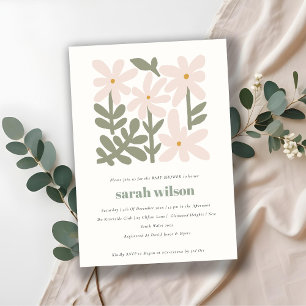 Chic Dusky Blush Retro Minimal Floral Baby Shower Invitation