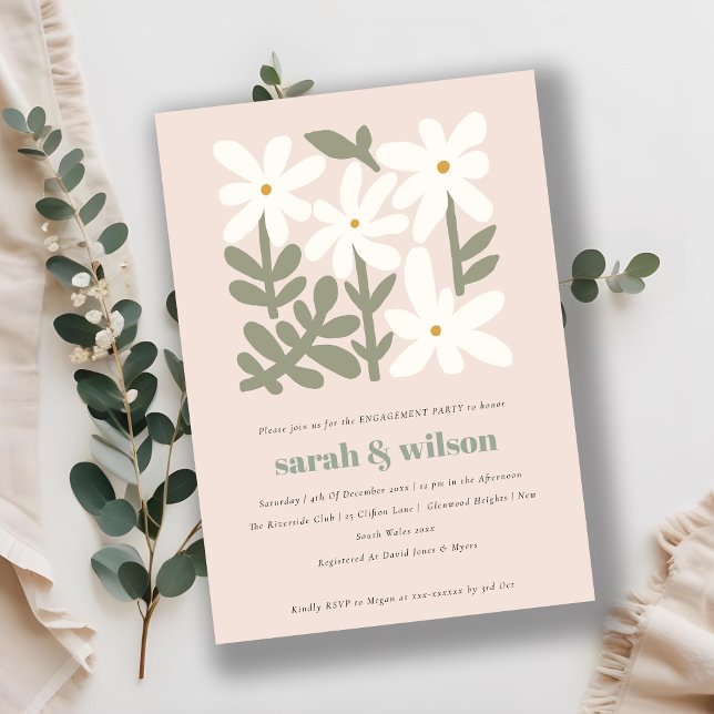Chic Dusky Blush Retro Minimal Floral Engagement Invitation (Creator Uploaded)