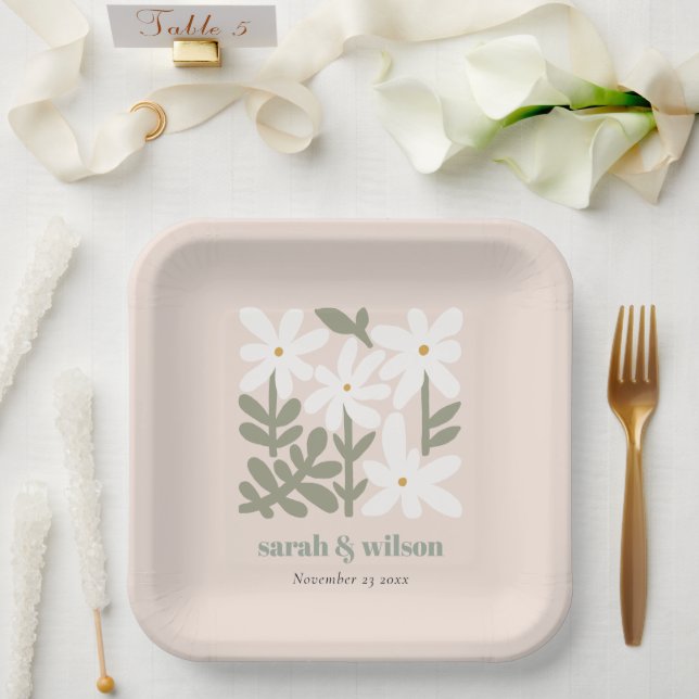 Chic Dusky Blush Retro Minimal Floral Wedding Paper Plates (Wedding)