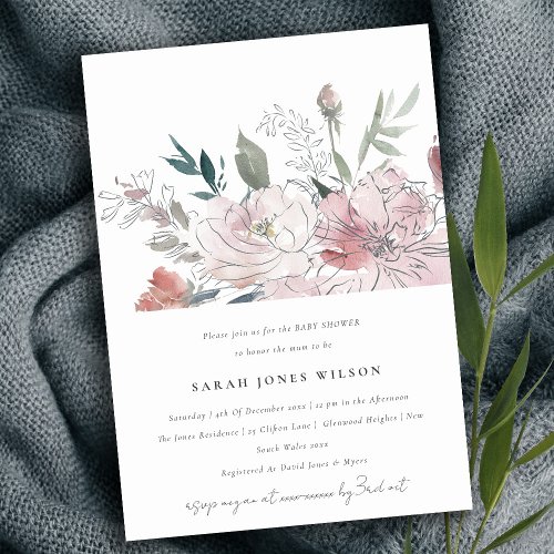 Chic Dusky Blush Watercolor Floral Baby Shower Invitation