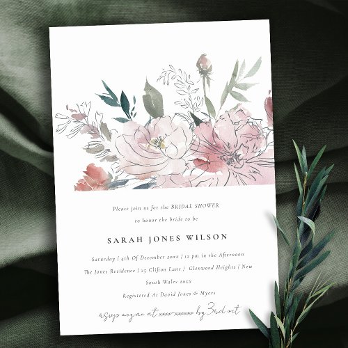 Chic Dusky Blush Watercolor Floral Bridal Shower Invitation