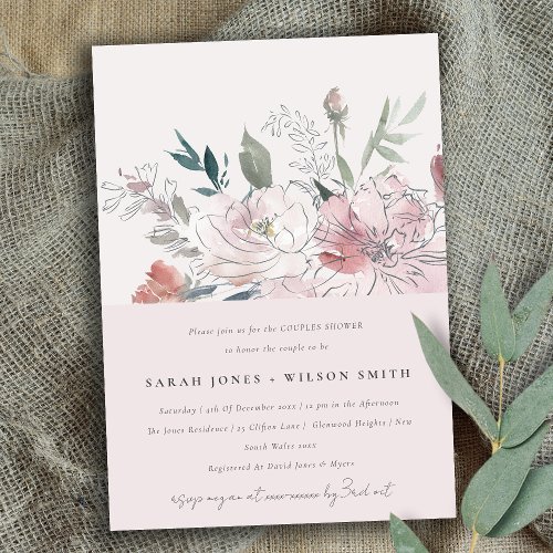 Chic Dusky Blush Watercolor Floral Couples Shower Invitation