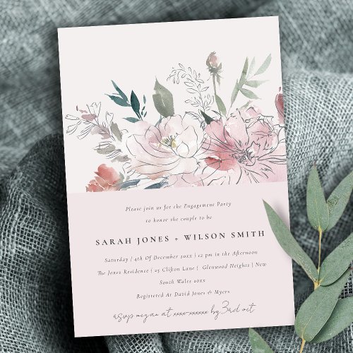 Chic Dusky Blush Watercolor Floral Engagement Invitation