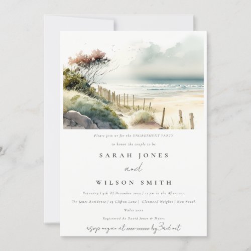 Chic Dusky Coastal Sand Beach Seascape Engagement Invitation