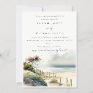 Chic Dusky Coastal Sand Beach Seascape Engagement Invitation