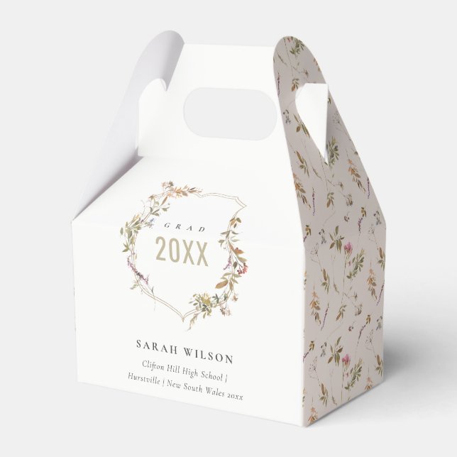 Chic Dusky Pink Blush Wildflower Crest Graduation Favor Boxes (Front Side)