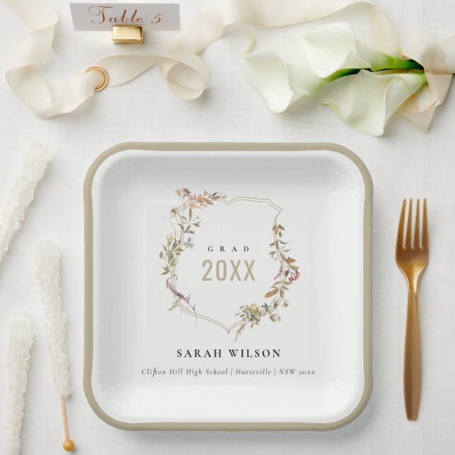 Chic Dusky Pink Blush Wildflower Crest Graduation Paper Plates (Wedding)