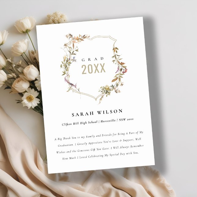 Chic Dusky Pink Blush Wildflower Crest Graduation Thank You Card (Creator Uploaded)