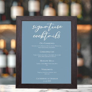 Chic Dust Blue Wedding Signature Cocktails Menu Poster