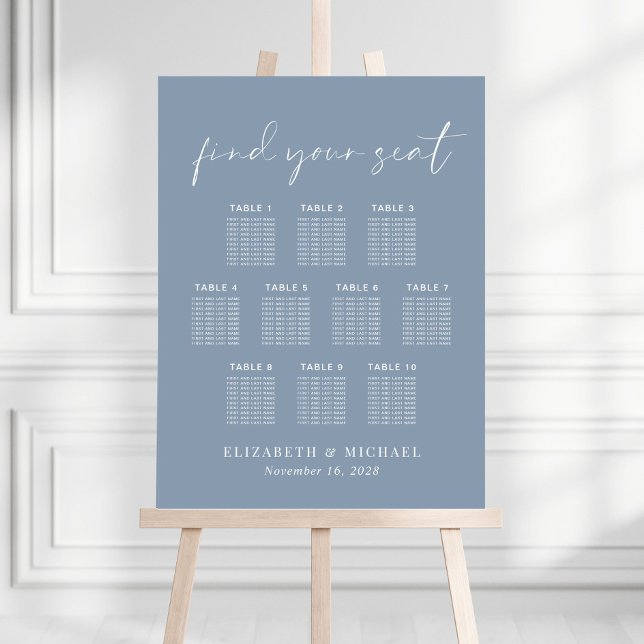 Chic Dusty Blue 10 Table Wedding Seating Chart Foam Board (Creator Uploaded)