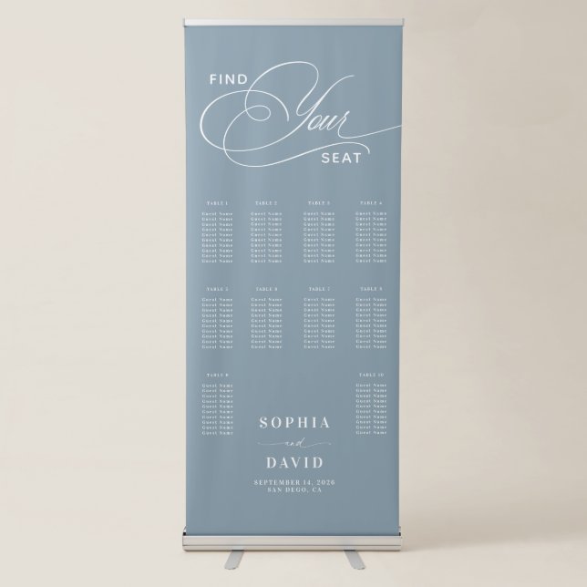 Chic Dusty Blue 10 Tables Wedding Seating Chart Retractable Banner (Front)