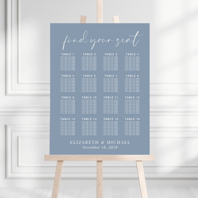 Chic Dusty Blue 16 Table Wedding Seating Chart Foam Board (Creator Uploaded)