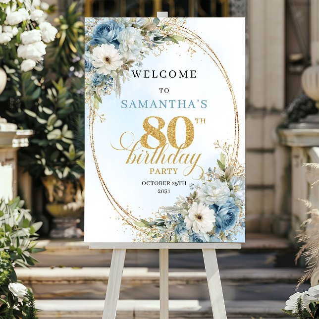 Chic Dusty Blue 80th Birthday Welcome Poster (Chic Dusty Blue 80th Birthday Welcome Poster)