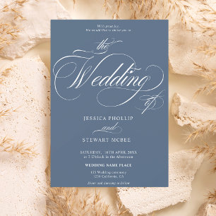 Chic dusty blue all in one calligraphy wedding invitation