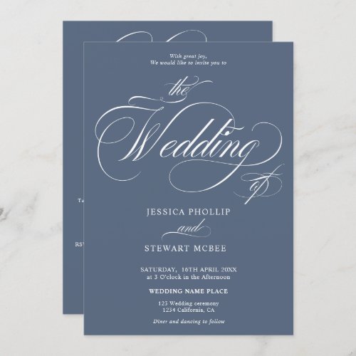 Chic dusty blue all in one calligraphy wedding invitation - Chic and elegant dusty blue and white all in one calligraphy wedding invitation with rsvp, accommodations, details, and more info. With a beautiful brush calligraphy script.