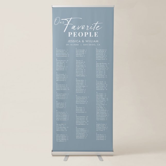 Chic Dusty Blue Alphabetical Wedding Seating Chart Retractable Banner (Front)