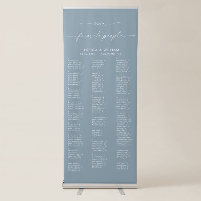 Chic Dusty Blue Alphabetical Wedding Seating Chart Retractable Banner (Front)