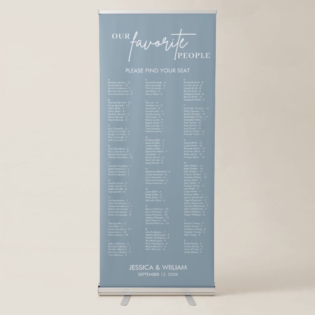 Chic Dusty Blue Alphabetical Wedding Seating Chart Retractable Banner (Front)