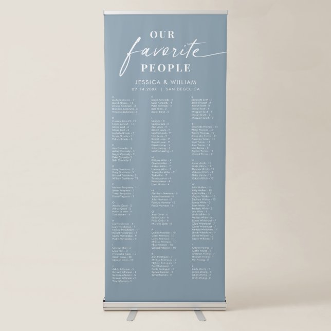 Chic Dusty Blue Alphabetical Wedding Seating Chart Retractable Banner (Front)
