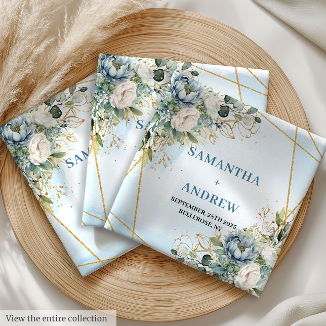 Chic Dusty Blue and Gold Floral Wedding Reception  Cloth Napkin (Chic Dusty Blue and Gold Floral Wedding Reception Cloth Napkins)