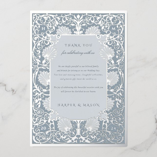 Chic Dusty Blue and Silver Foil Thank You Invitation (Front)