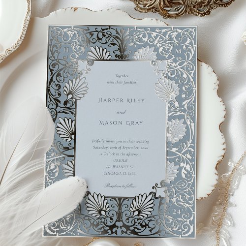 Chic Dusty Blue and Silver Foil Wedding Foil Invitation