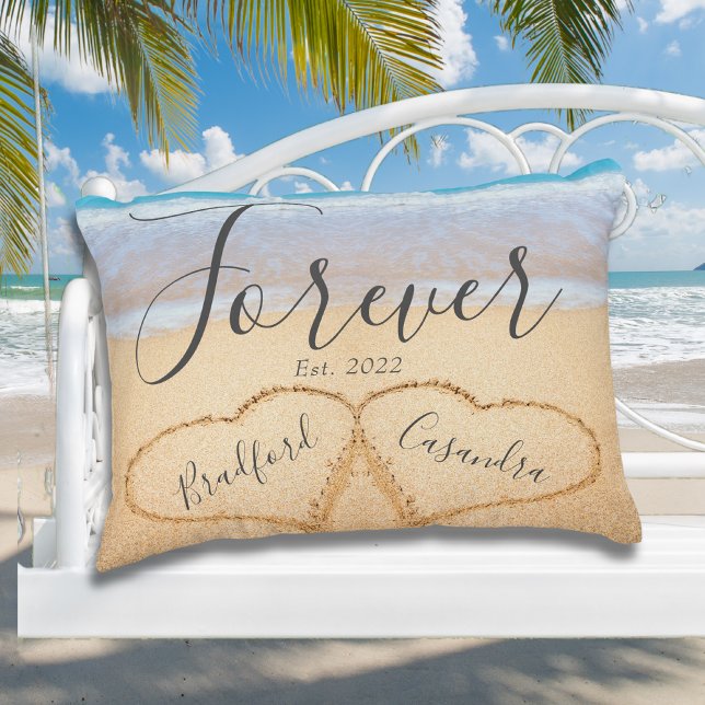 Chic Dusty Blue Beach Couples Hearts Sand  Accent Pillow (Creator Uploaded)