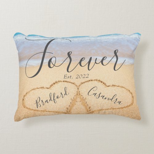 Chic Dusty Blue Beach Couples Hearts Sand  Accent Pillow