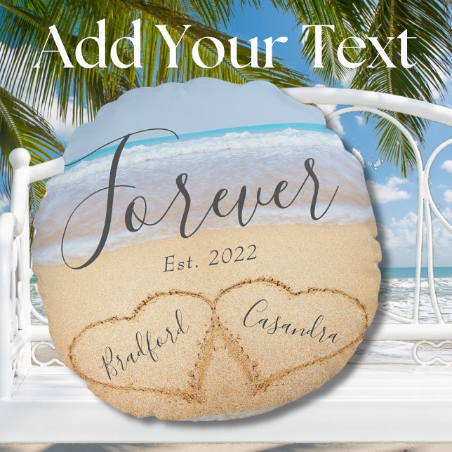 Chic Dusty Blue Beach Couples Hearts Sand  Round Pillow (Creator Uploaded)