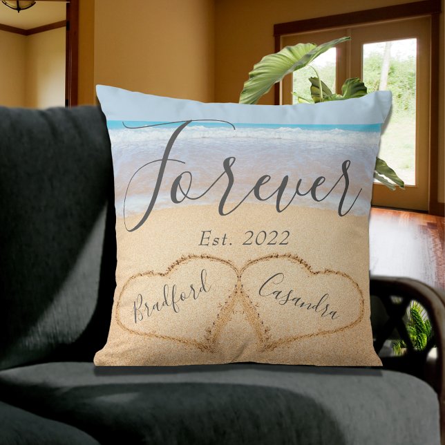 Chic Dusty Blue Beach Couples Hearts Sand  Throw Pillow (Creator Uploaded)