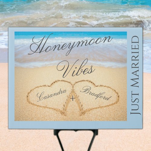 Chic Dusty Blue Beach Hearts Sand Wedding Sign