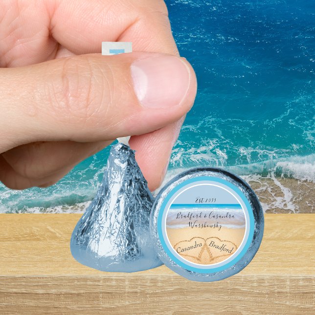 Chic Dusty Blue Beach Wedding 2 Heart Sand Hershey®'s Kisses® (Creator Uploaded)